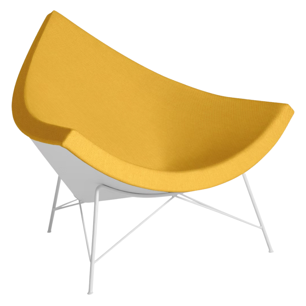 The Nelson Coconut Chair from Herman Miller with the goldenrod mode upholstery and white base.