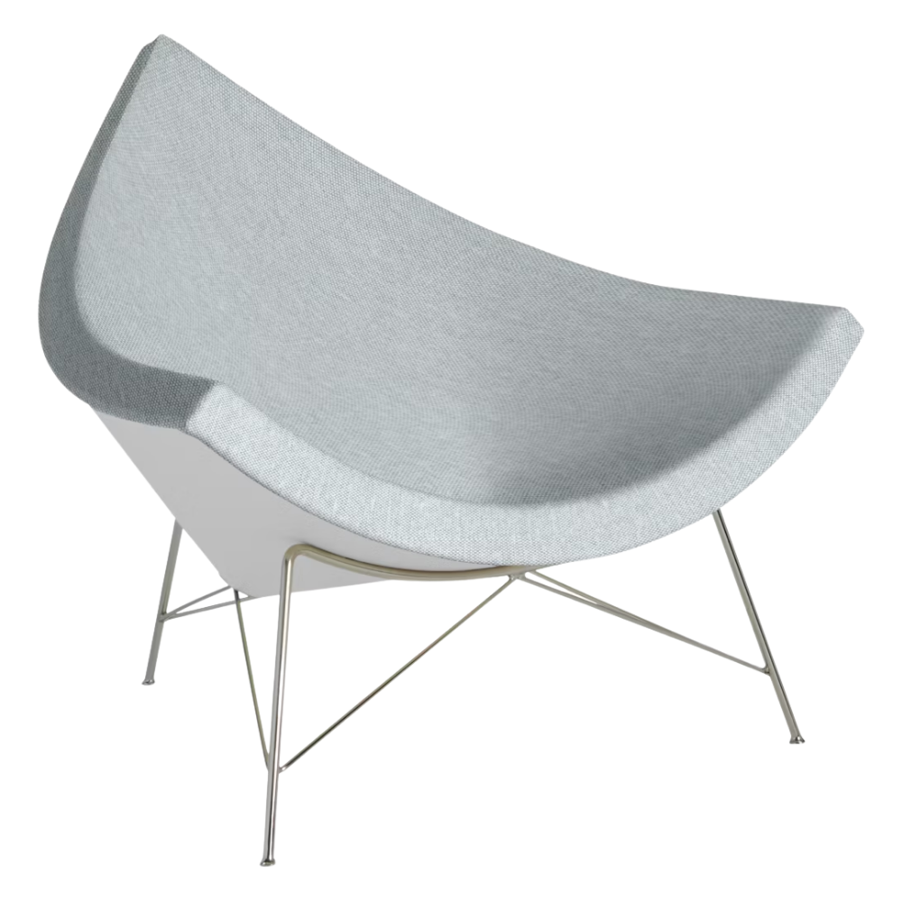 The Nelson Coconut Chair from Herman Miller with the intaglio mode upholstery and chrome base.
