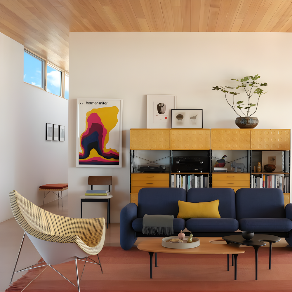 The Nelson Coconut Chair from Herman Miller with the light emerald and ivory checker upholstery and chrome base in a home office.