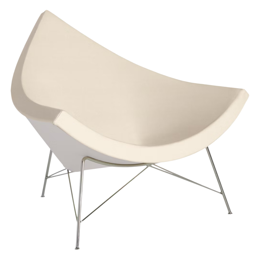 The Nelson Coconut Chair from Herman Miller with the lotus prone leather upholstery and chrome base.