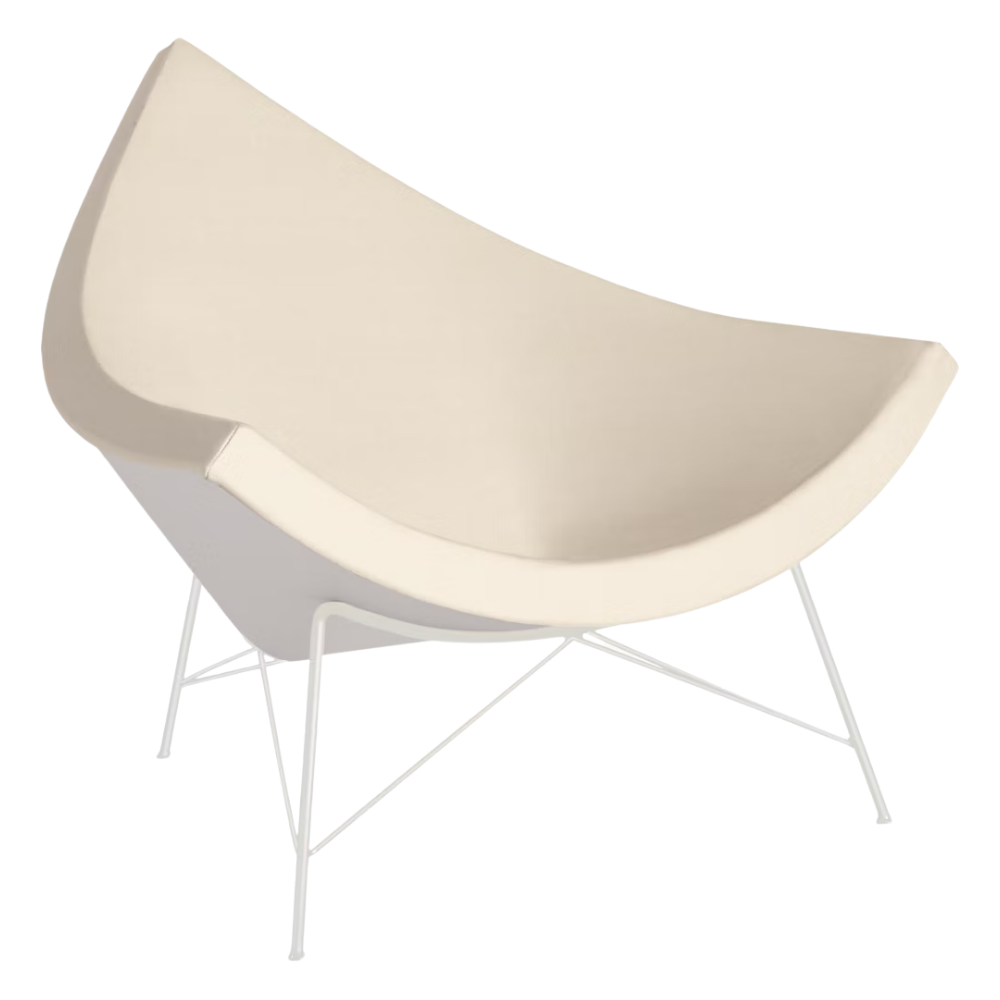 The Nelson Coconut Chair from Herman Miller with the lotus prone leather upholstery and white base.