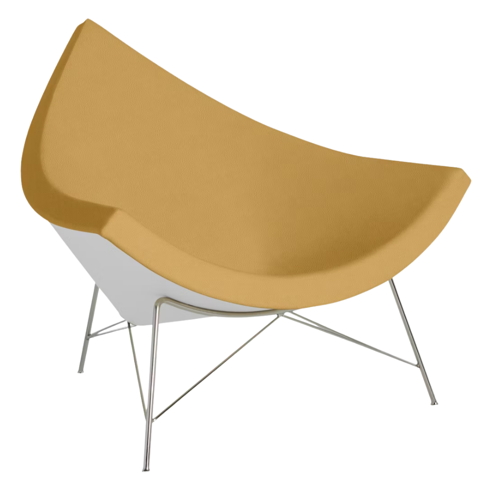 The Nelson Coconut Chair from Herman Miller with the yarrow prone leather upholstery and chrome base.
