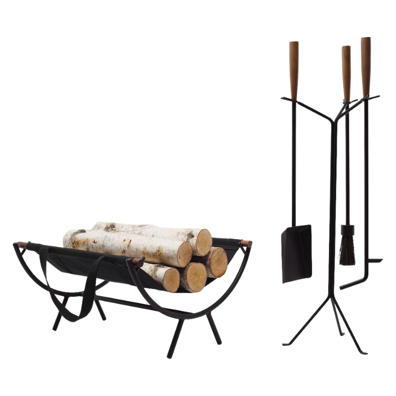 The Nelson Fireplace Caddy from Herman Miller with wood and nelson fireplace tool set.