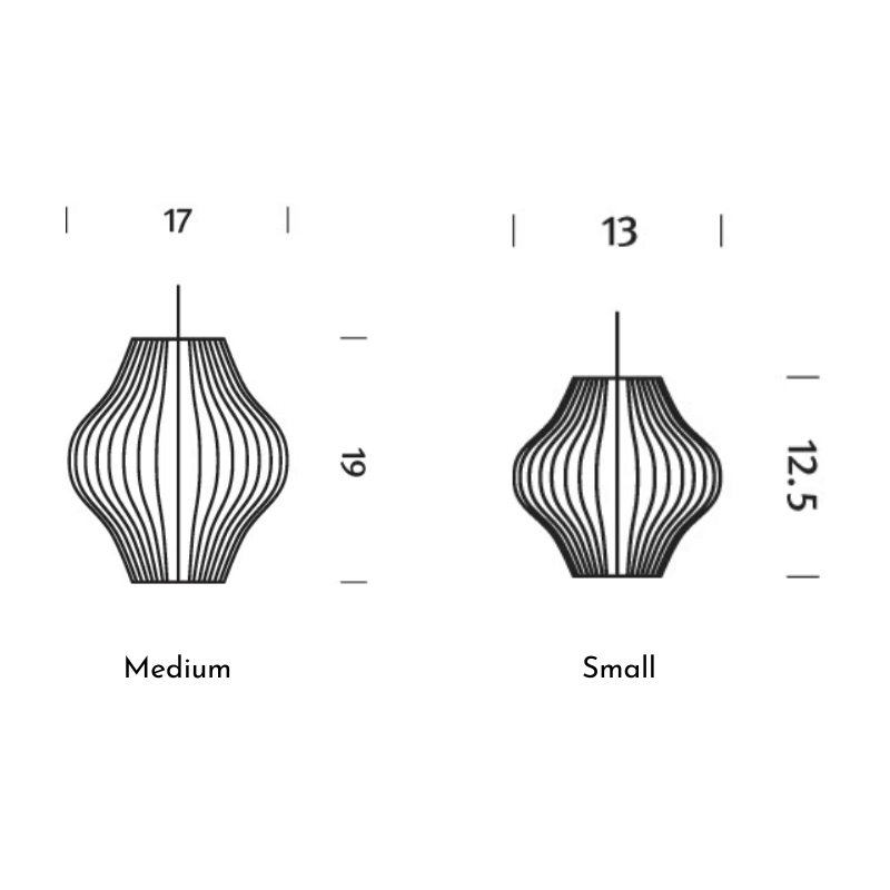 The dimensions of the small and medium Nelson Pear Bubble Pendant from Herman Miller. all-groups