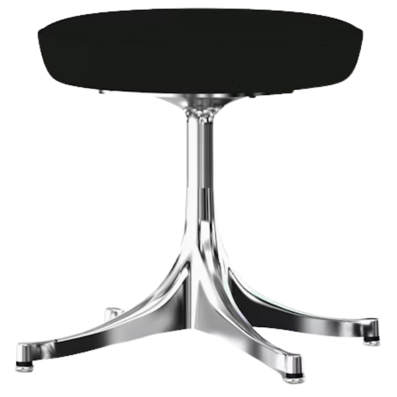 The Nelson Pedestal Stool from Herman Miller with black hopsak upholstery and an aluminum polished base.