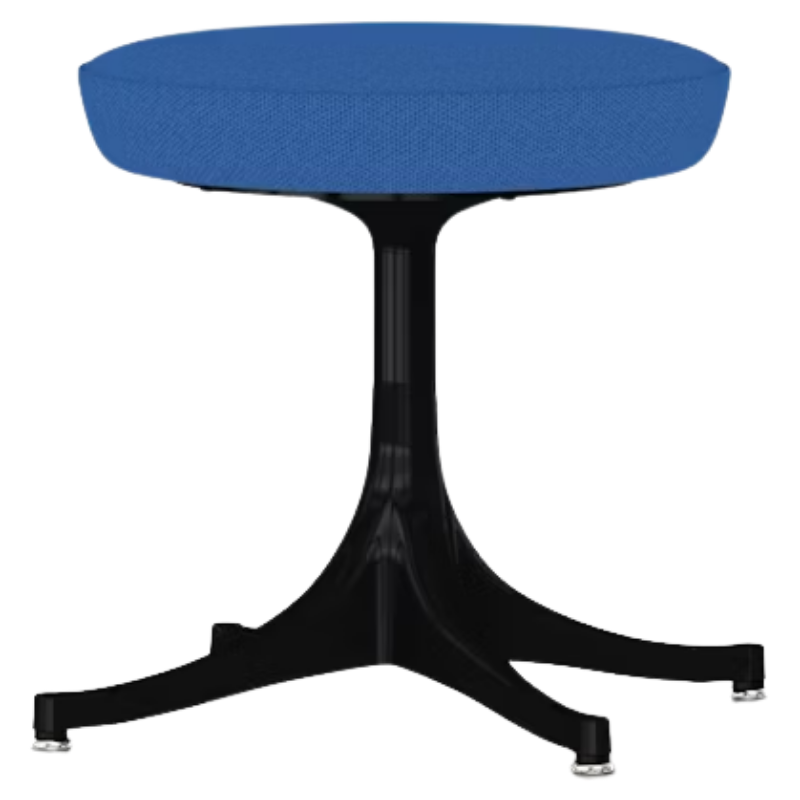 The Nelson Pedestal Stool from Herman Miller with cobalt blue hopsak upholstery and a black base.