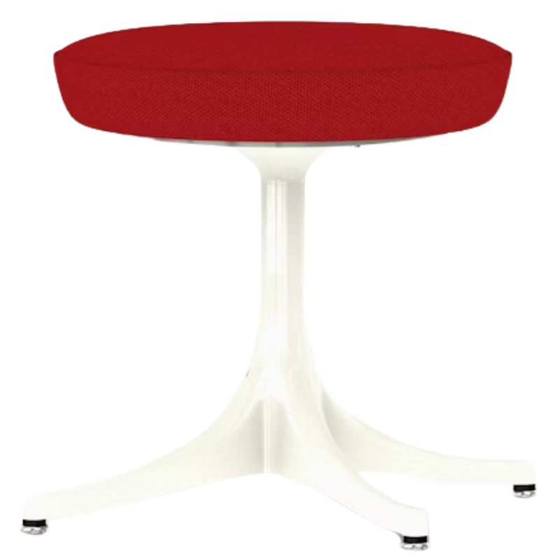 The Nelson Pedestal Stool from Herman Miller with crimson hopsak upholstery and a white base.