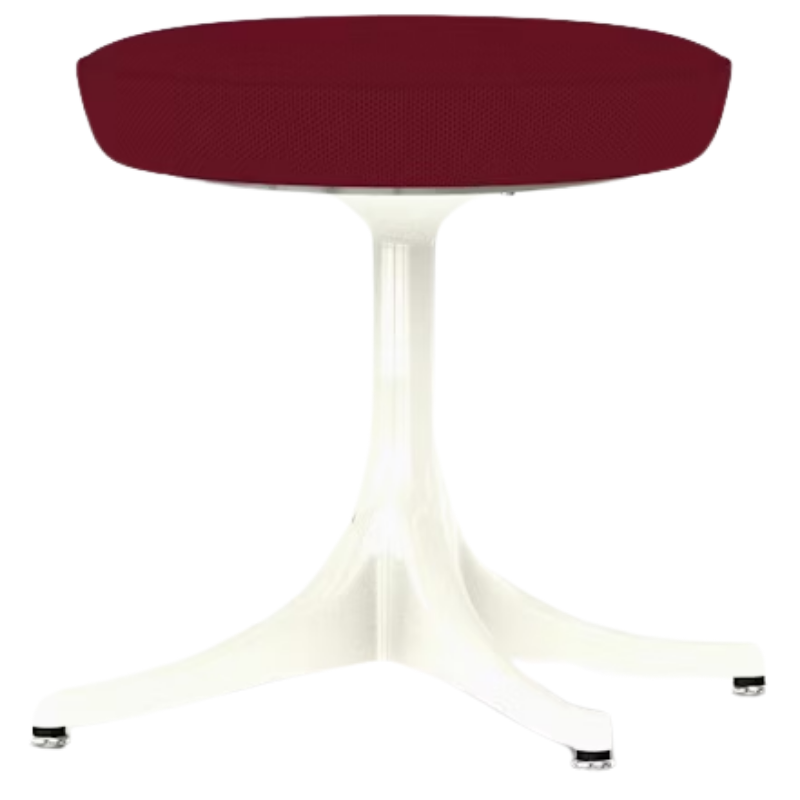 The Nelson Pedestal Stool from Herman Miller with dark crimson hopsak upholstery and a white base.