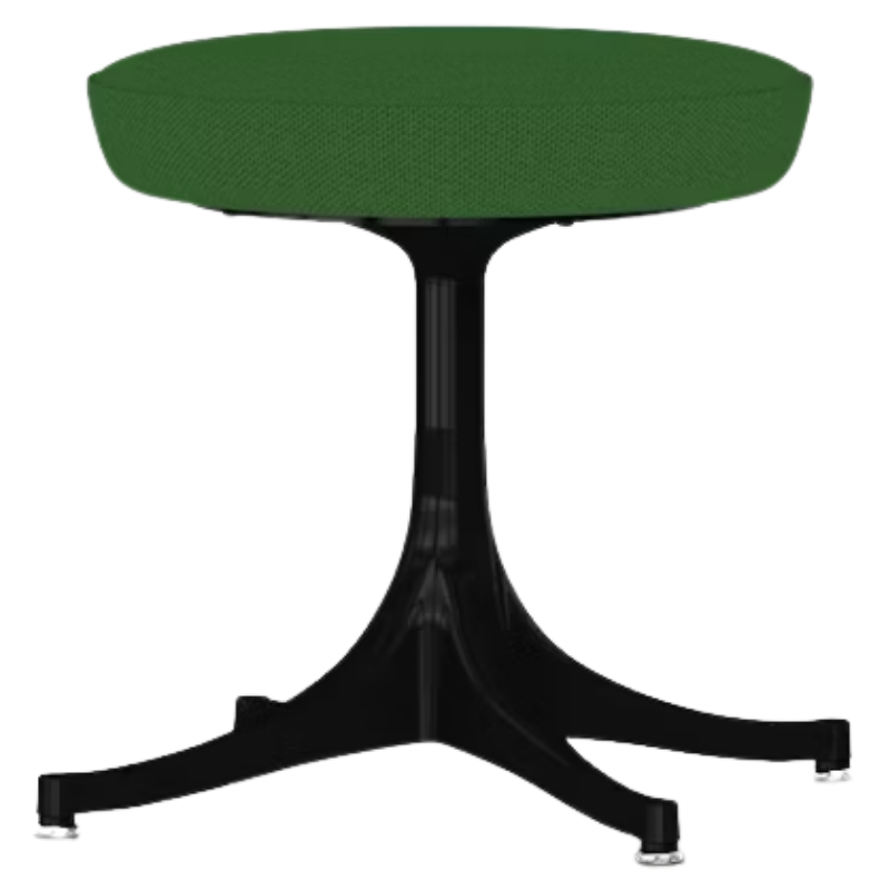 The Nelson Pedestal Stool from Herman Miller with dark emerald hopsak upholstery and a black base.
