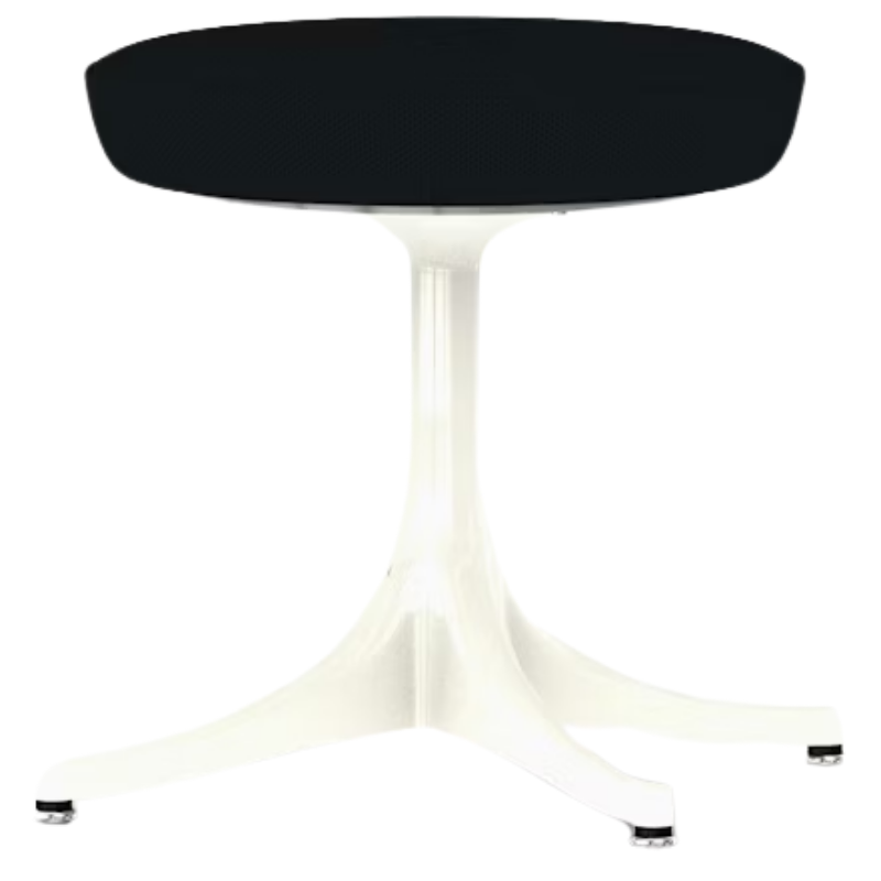 The Nelson Pedestal Stool from Herman Miller with dark blue grey hopsak upholstery and a white base.
