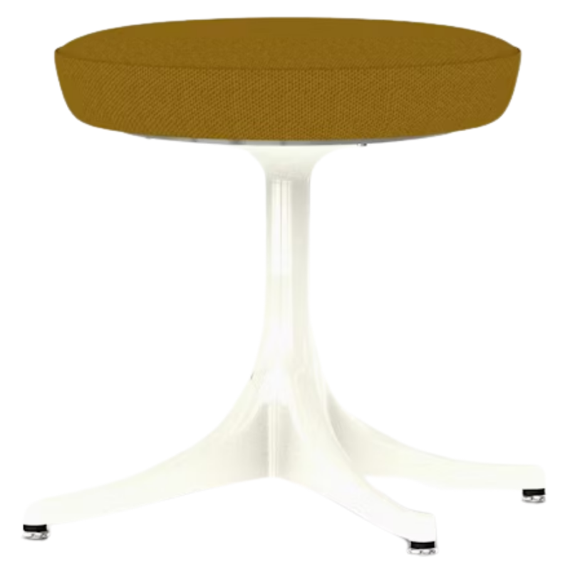 The Nelson Pedestal Stool from Herman Miller with dark ochre hopsak upholstery and a white base.