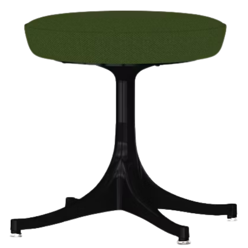 The Nelson Pedestal Stool from Herman Miller with dark olive green hopsak upholstery and a black base.