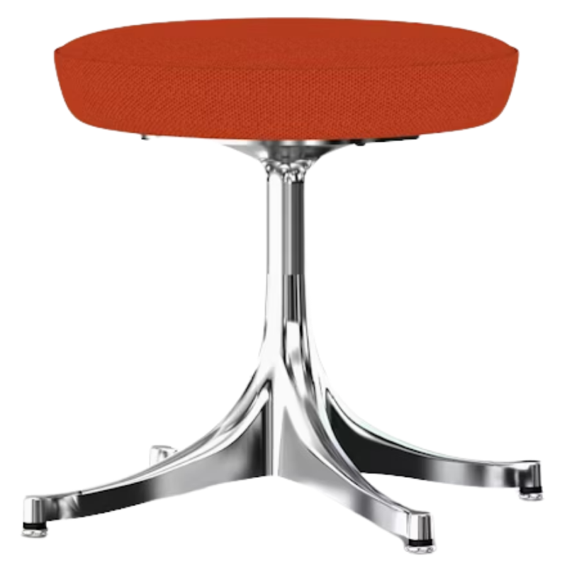 The Nelson Pedestal Stool from Herman Miller with orange hopsak upholstery and an aluminum polished base.