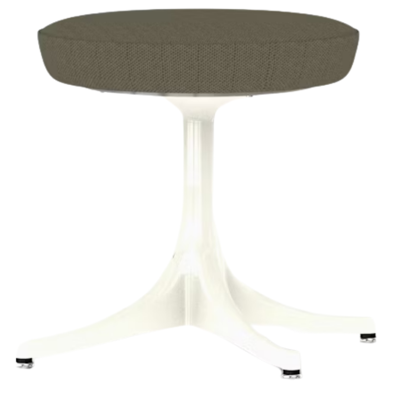 The Nelson Pedestal Stool from Herman Miller with dark raw umber hopsak upholstery and a white base.