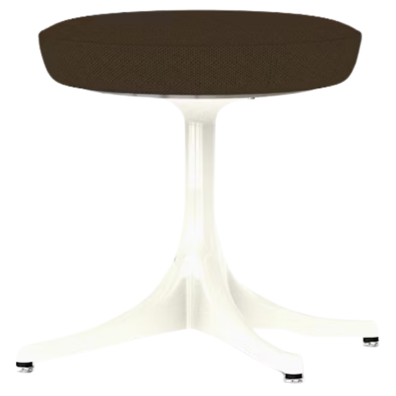 The Nelson Pedestal Stool from Herman Miller with sienna hopsak upholstery and a white base.