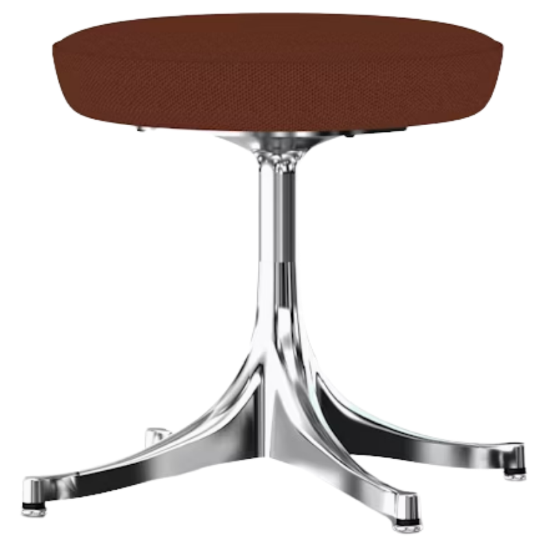The Nelson Pedestal Stool from Herman Miller with terra cotta hopsak upholstery and an aluminum polished base.
