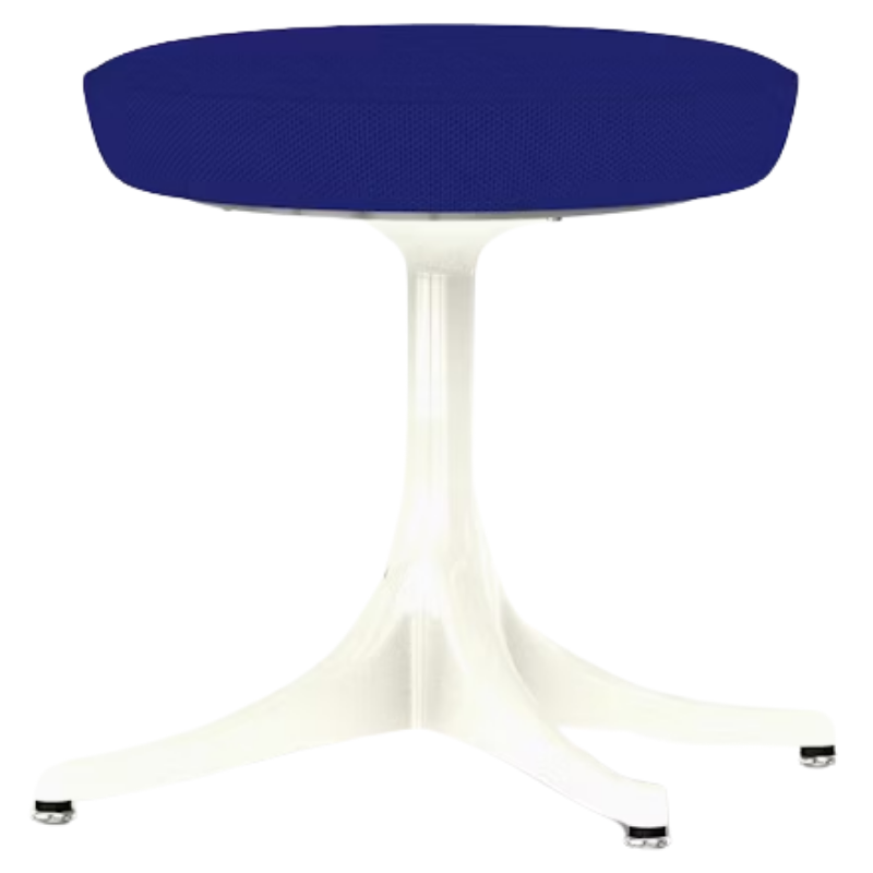 The Nelson Pedestal Stool from Herman Miller with dark ultramarine hopsak upholstery and a white base.