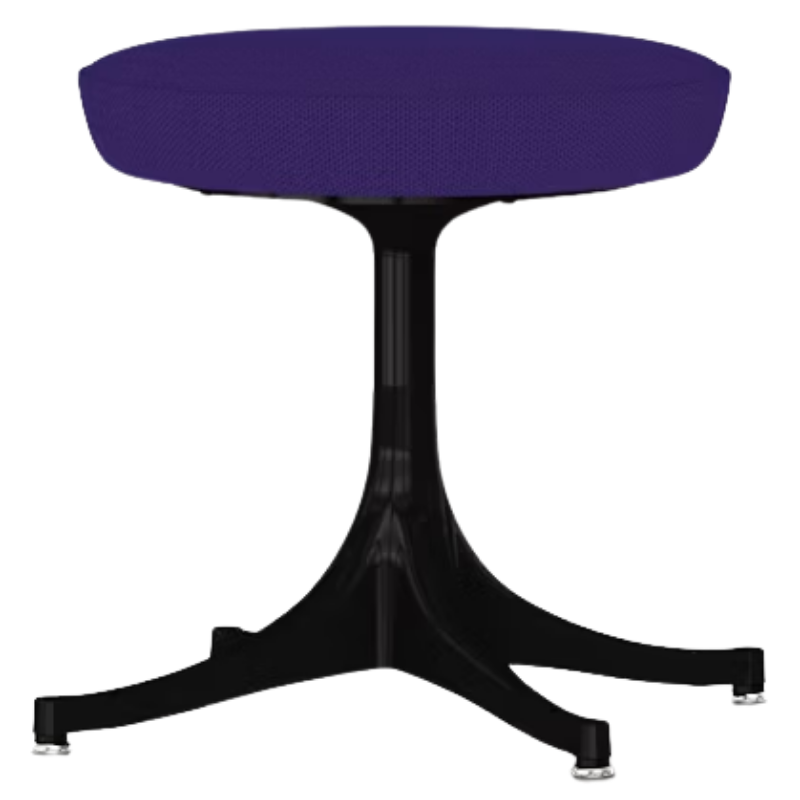 The Nelson Pedestal Stool from Herman Miller with dark violet hopsak upholstery and a black base.