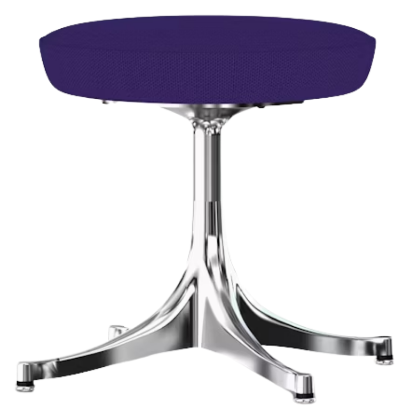 The Nelson Pedestal Stool from Herman Miller with dark violet hopsak upholstery and an aluminum polished base.
