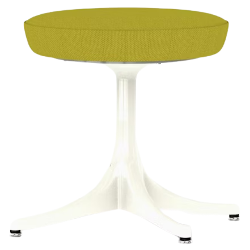 The Nelson Pedestal Stool from Herman Miller with dark yellow hopsak upholstery and a white base.
