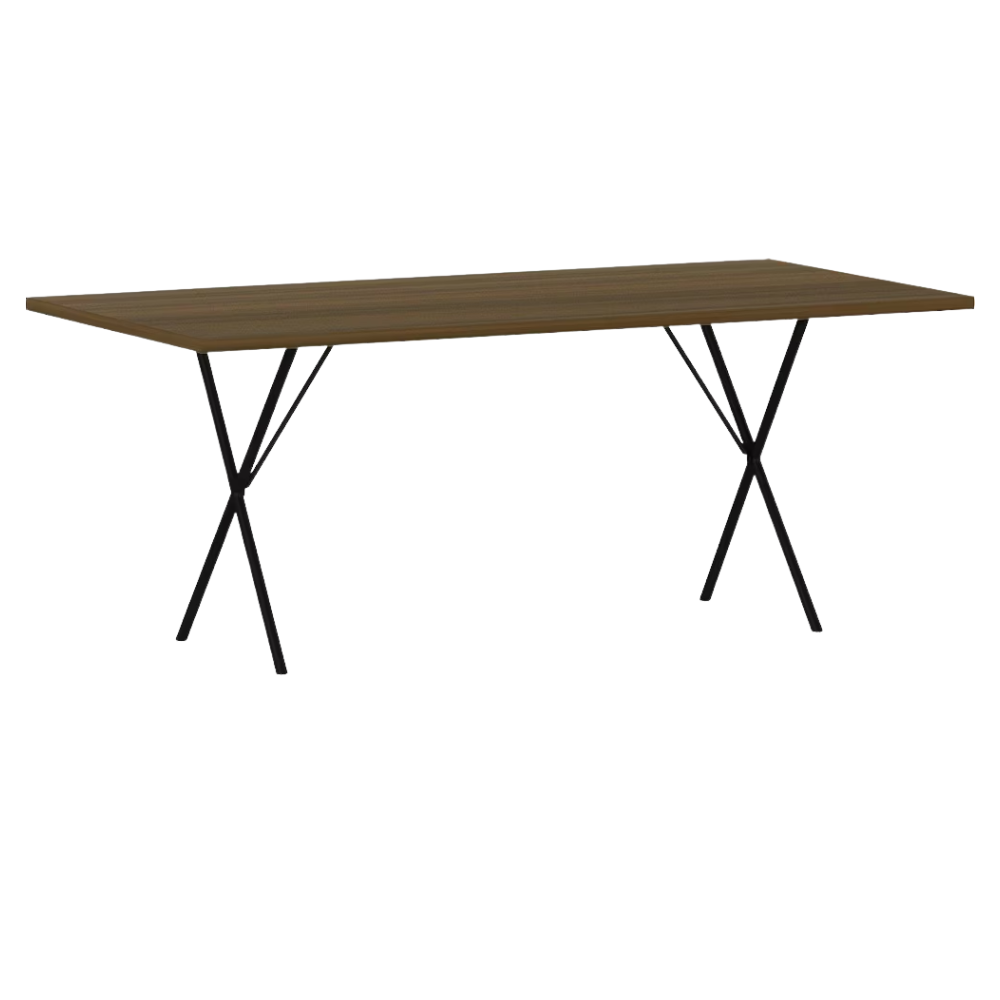 The 36 by 72 inch walnut and black Nelson X-Leg Table from Herman Miller.