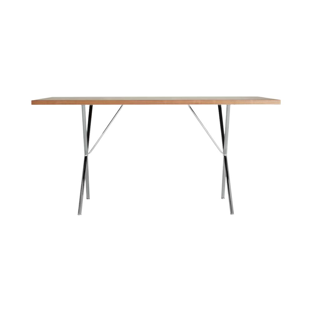 The 30 by 60 inch walnut and chrome Nelson X-Leg Table from Herman Miller.