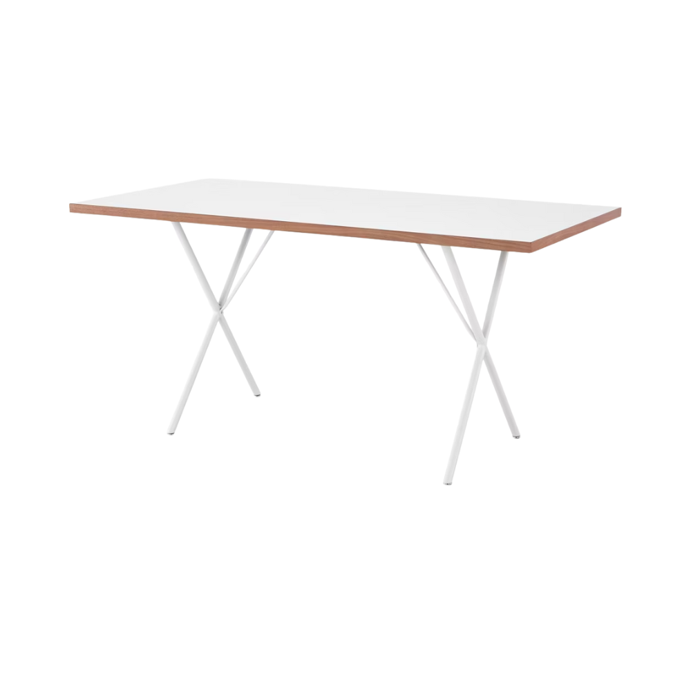 The 30 by 60 inch white Nelson X-Leg Table from Herman Miller from an angle.