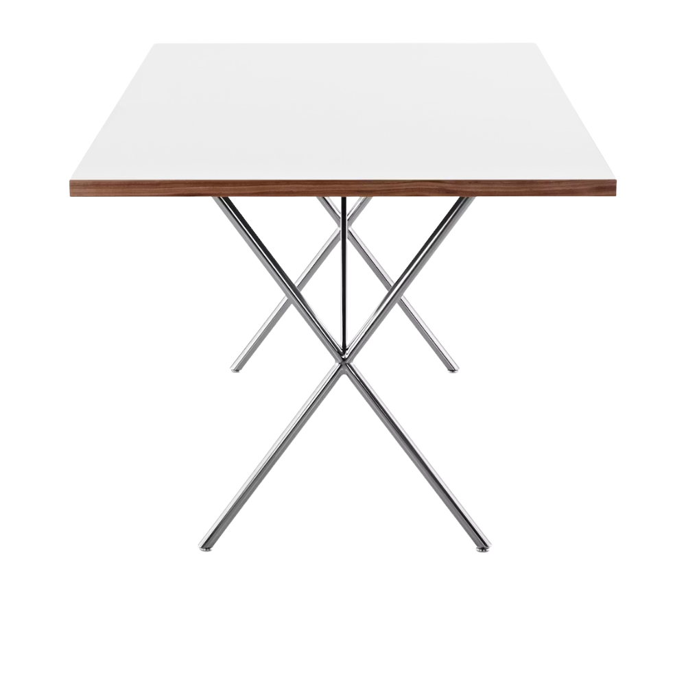 The 36 by 72 inch white Nelson X-Leg Table from Herman Miller from an angle.