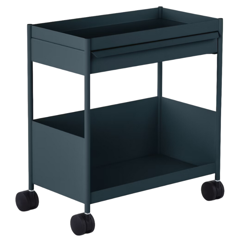 The OE1 Trolley from Herman Miller with top drawer and bottom shelf in nightfall color.