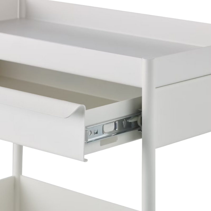 The OE1 Trolley from Herman Miller top drawer and bottom shelf with an open drawer.