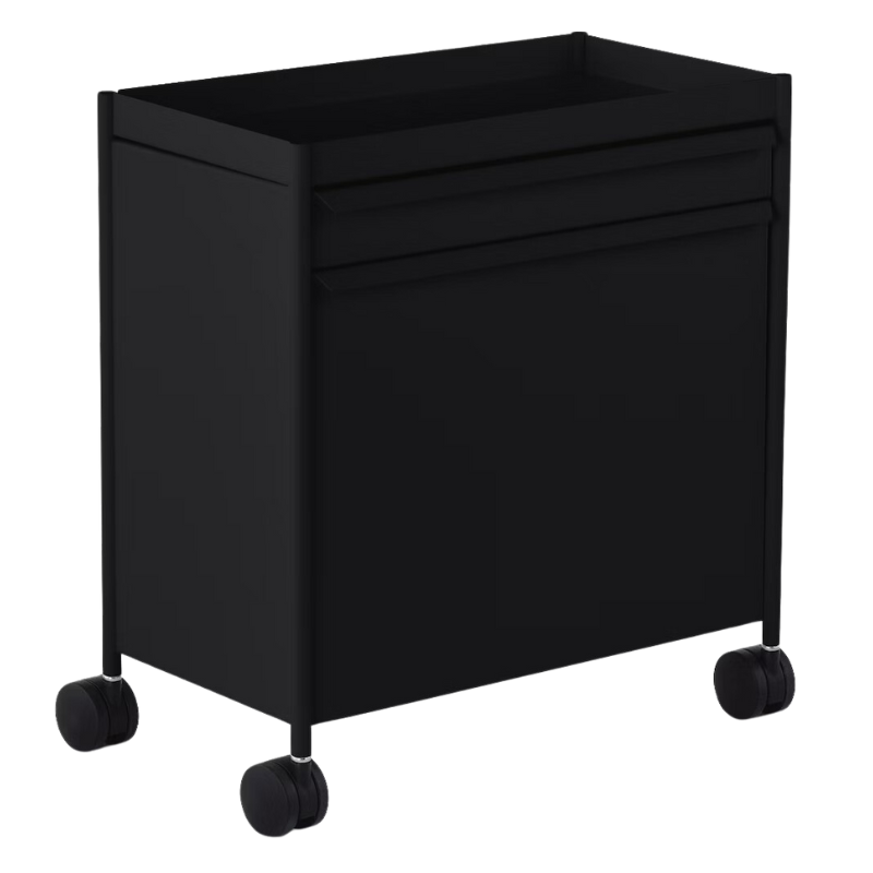 The OE1 Trolley from Herman Miller with top drawer and top out file bin in black color.