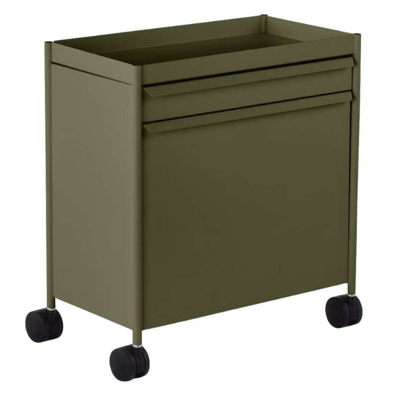 The OE1 Trolley from Herman Miller with top drawer and top out file bin in olive color.