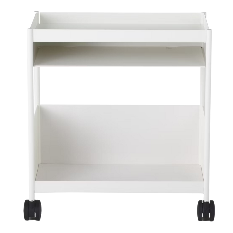 The OE1 Trolley from Herman Miller with top shelf and bottom shelf white color.