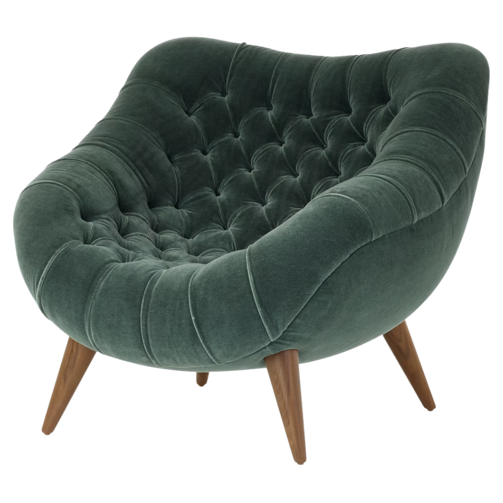 The Rohde Easy Chair from Herman Miller with the armory mohair supreme upholstery and walnut leg finish.