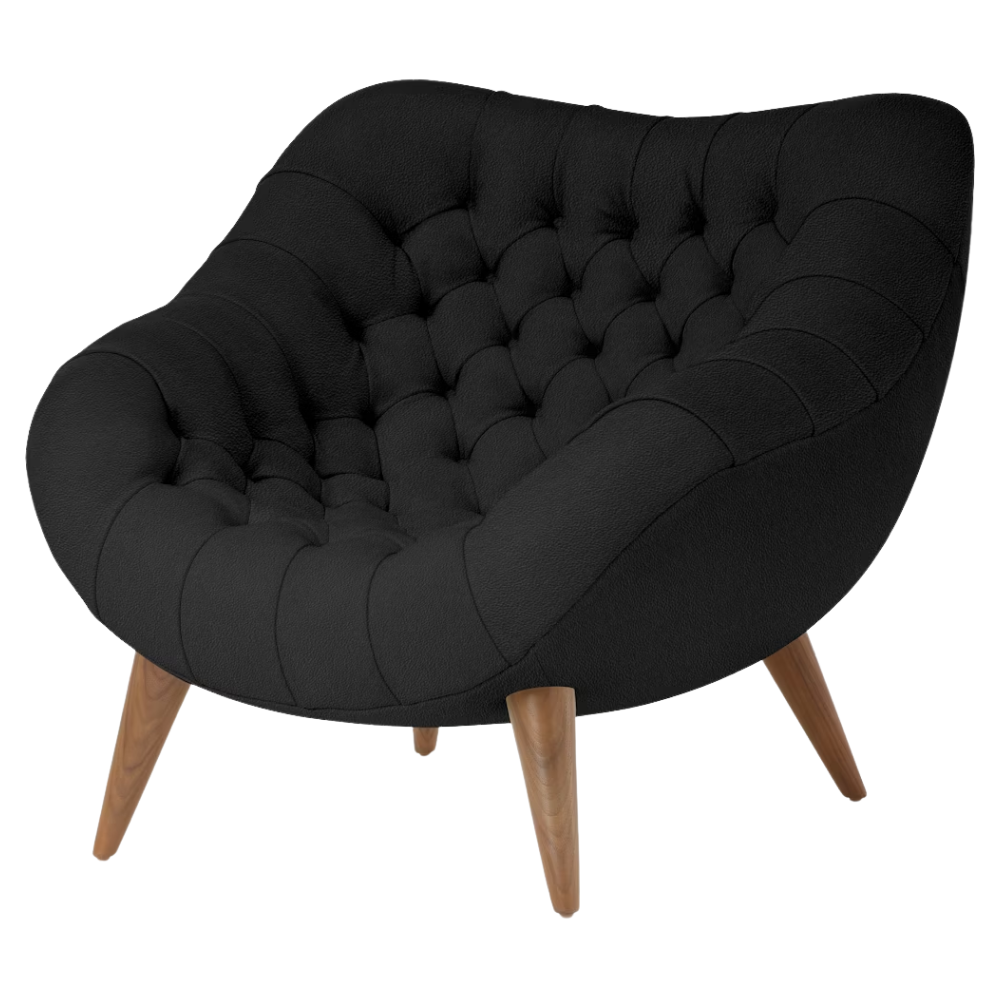 The Rohde Easy Chair from Herman Miller with the obsidian prone leather upholstery and walnut leg finish.