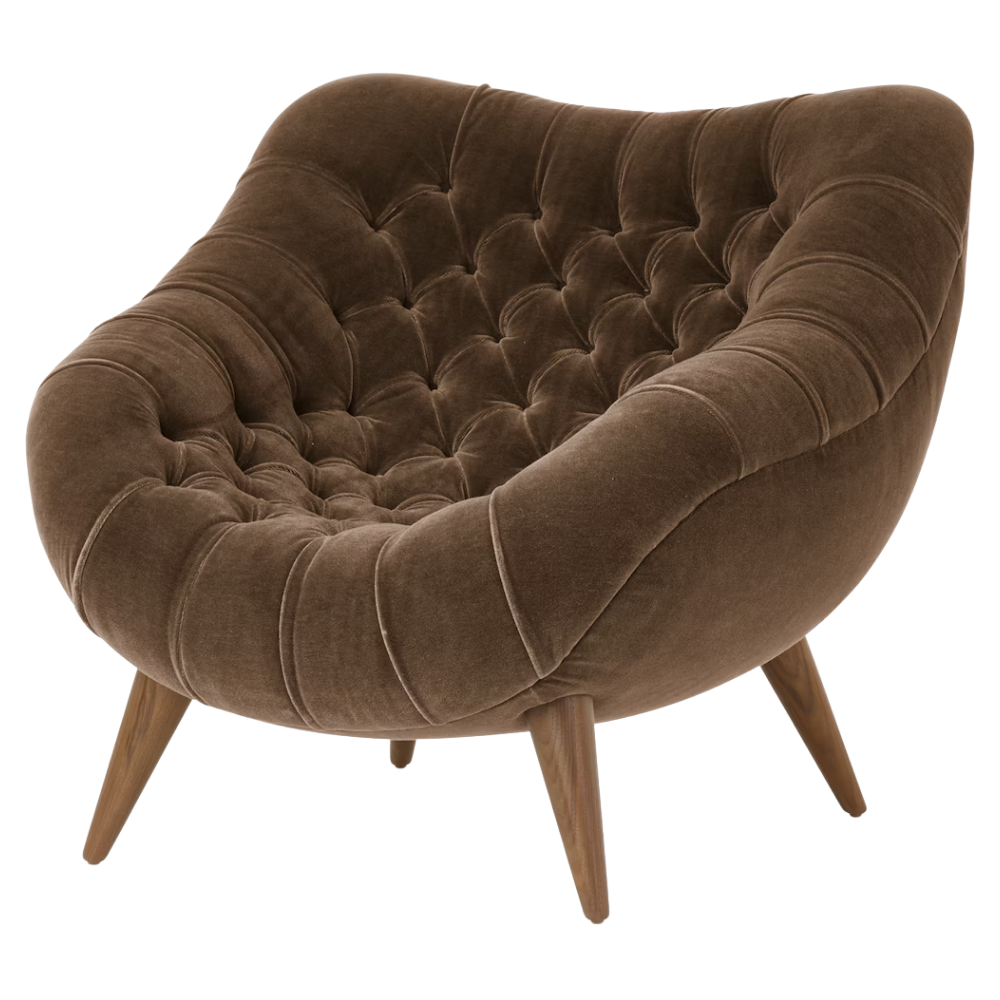 The Rohde Easy Chair from Herman Miller with the stonehenge mohair supreme upholstery and walnut leg finish.