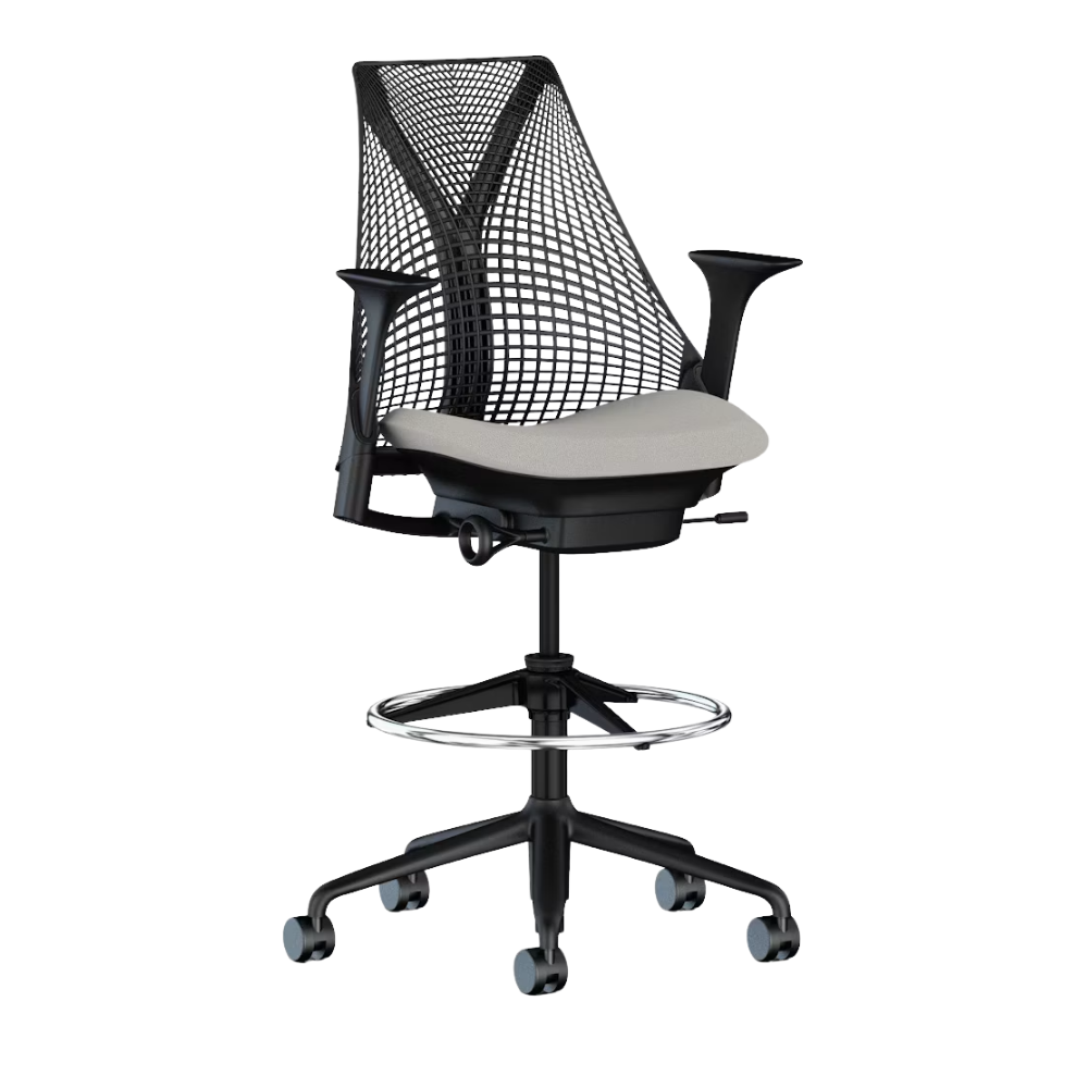 The Sayl Stool from Herman Miller with Black back support, black frame and fog seat fabric.