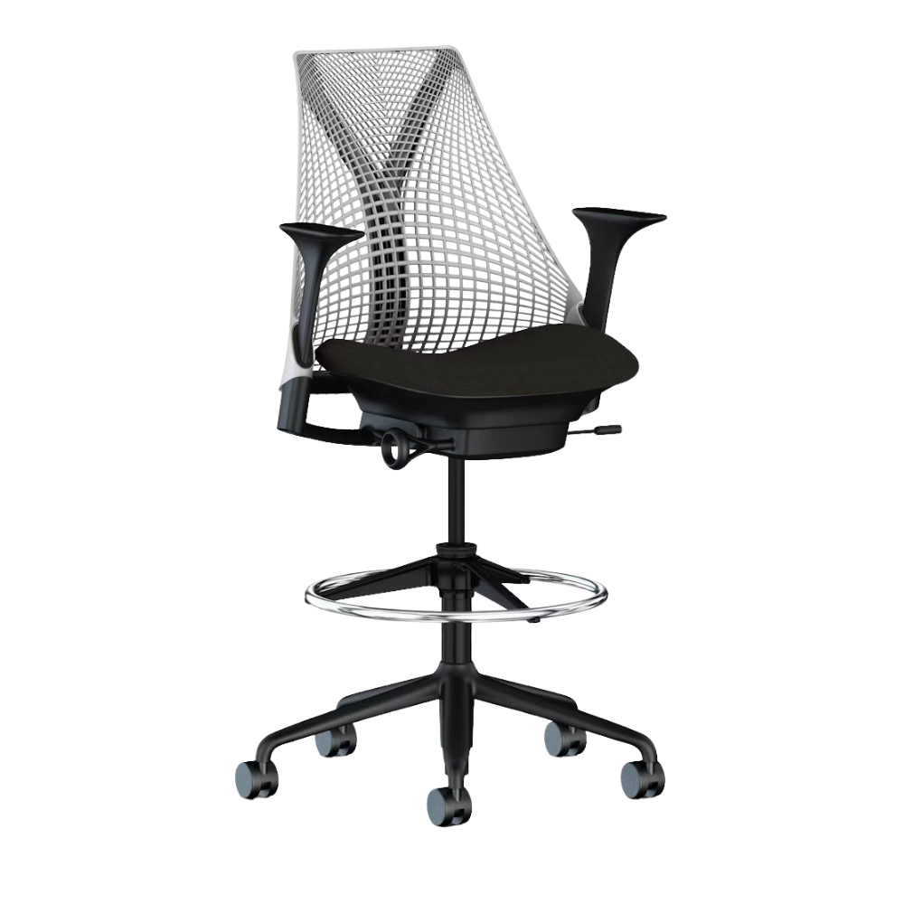 The Sayl Stool from Herman Miller with fog back support, black frame and black seat fabric.