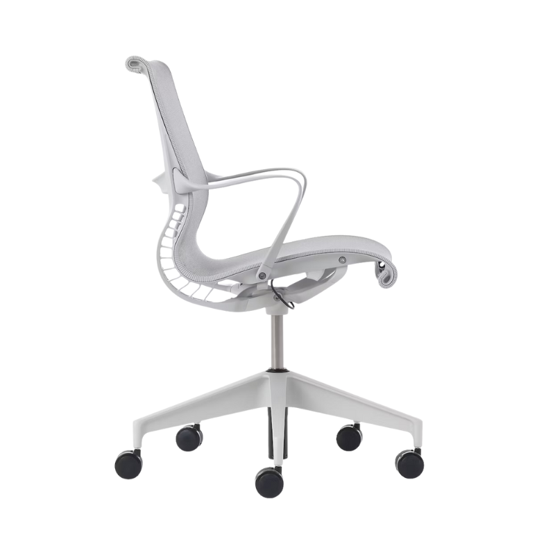 Setu Office Chair with Ribbon Arms by Herman Miller in mineral intercept upholstery with mineral frame and silver alloy base profile view.