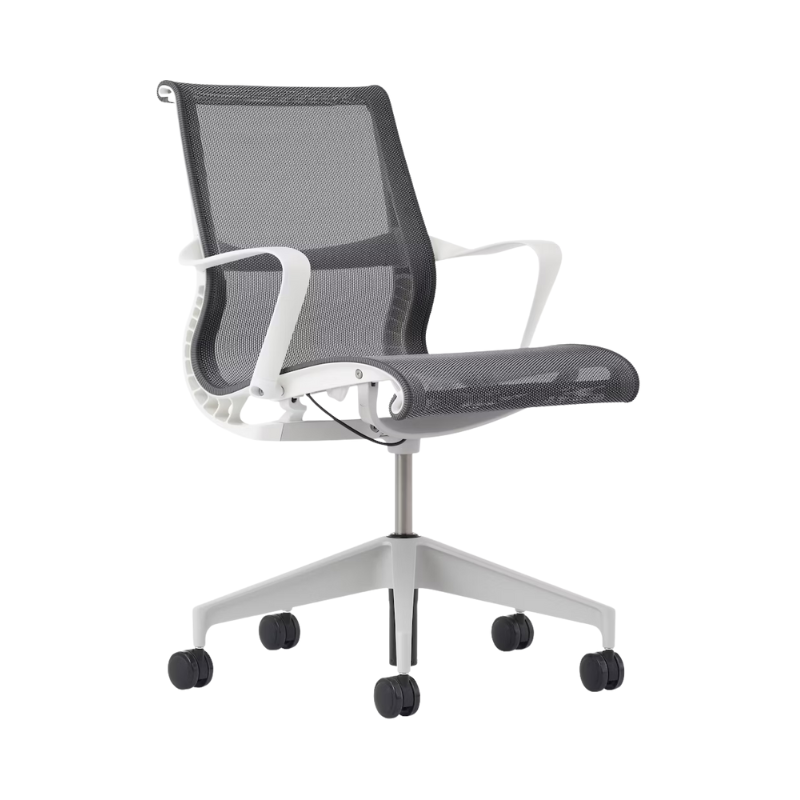 Setu Office Chair with Ribbon Arms by Herman Miller in carbon intercept upholstery with white frame and silver alloy base.