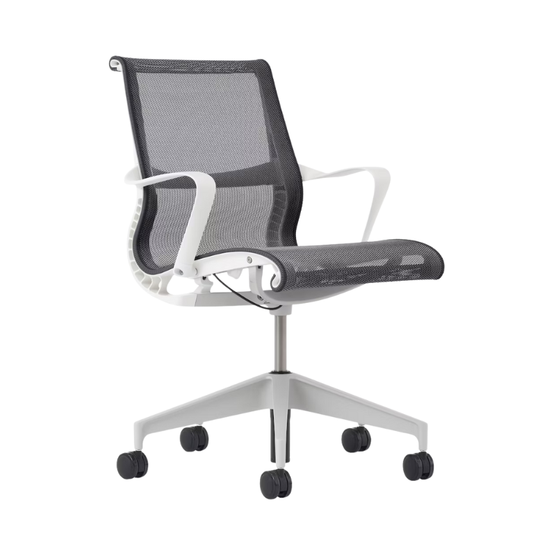 Setu Office Chair with Ribbon Arms by Herman Miller in graphite intercept upholstery with white frame and silver alloy base.