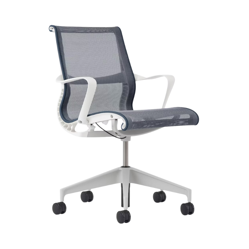 Setu Office Chair with Ribbon Arms by Herman Miller in nightfall intercept upholstery with white frame and silver alloy base.