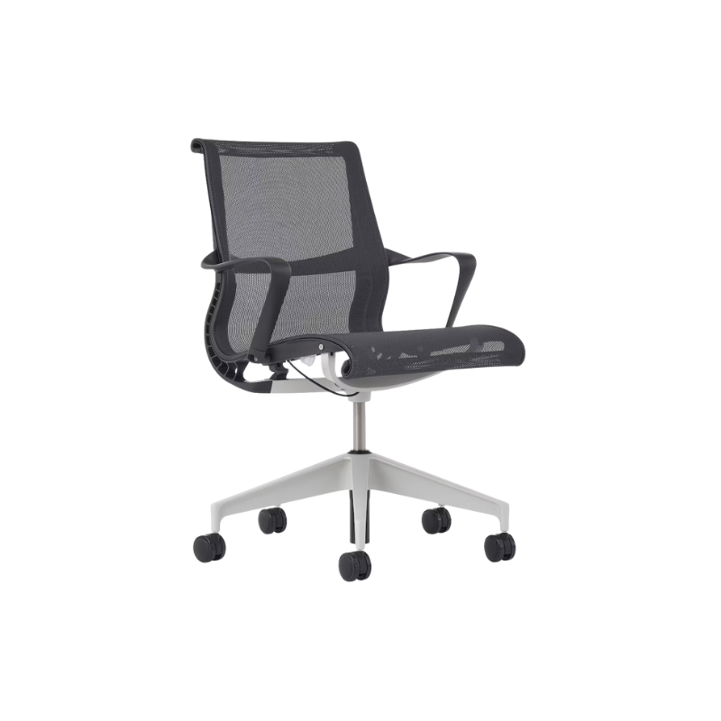 Setu Office Chair with Ribbon Arms by Herman Miller in Graphite intercept upholstery with graphite frame and silver ally base.