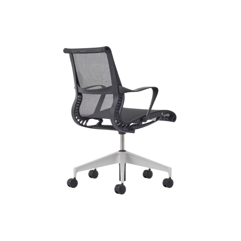 Setu Office Chair with Ribbon Arms by Herman Miller in Graphite intercept upholstery with graphite frame and silver alloy base from the back.