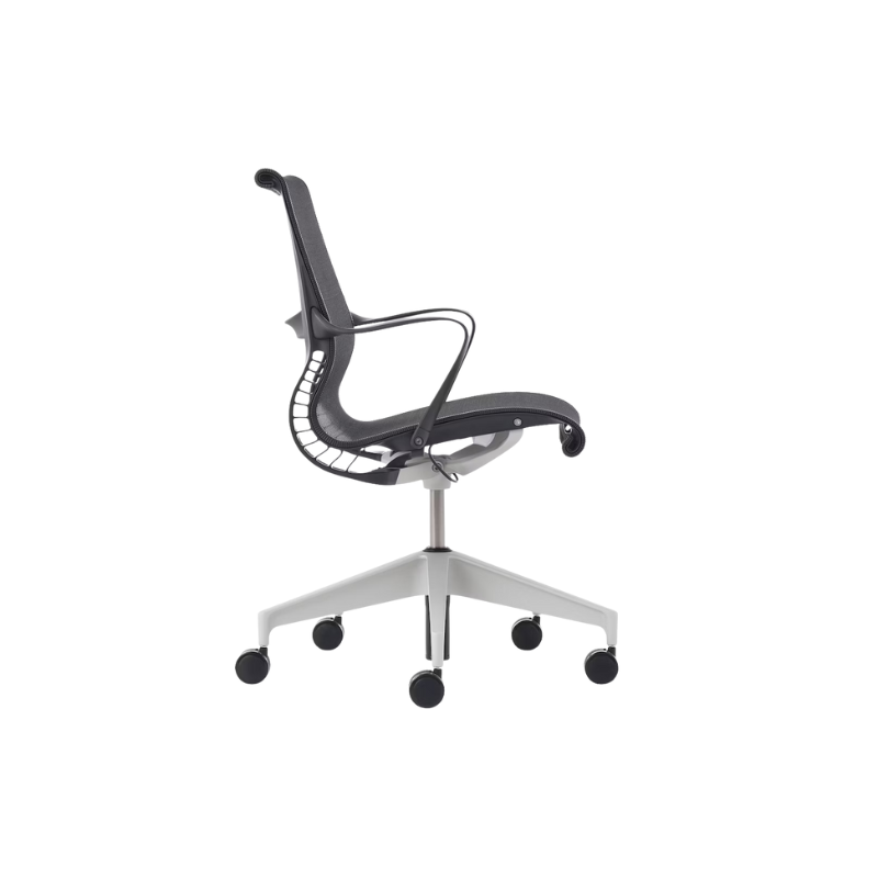 Setu Office Chair with Ribbon Arms by Herman Miller in Graphite intercept upholstery with graphite frame and silver alloy base, profile view.