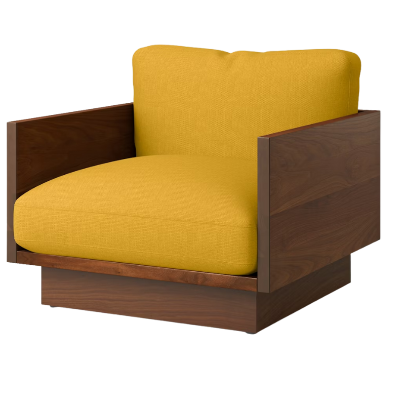 The Tudor Walnut Pawson Drift Lounge Chair from Herman Miller with mode goldenrod upholstery.