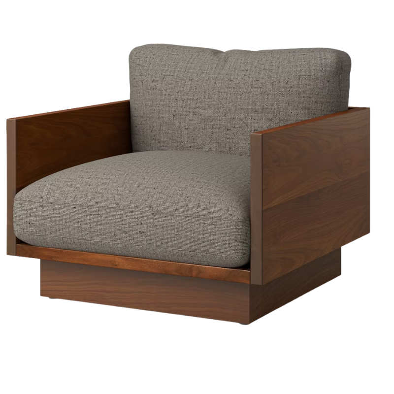 The Tudor Walnut Pawson Drift Lounge Chair from Herman Miller with rowan rabbit upholstery.