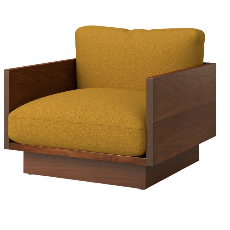 The Tudor Walnut Pawson Drift Lounge Chair from Herman Miller with whim mustard seed upholstery.