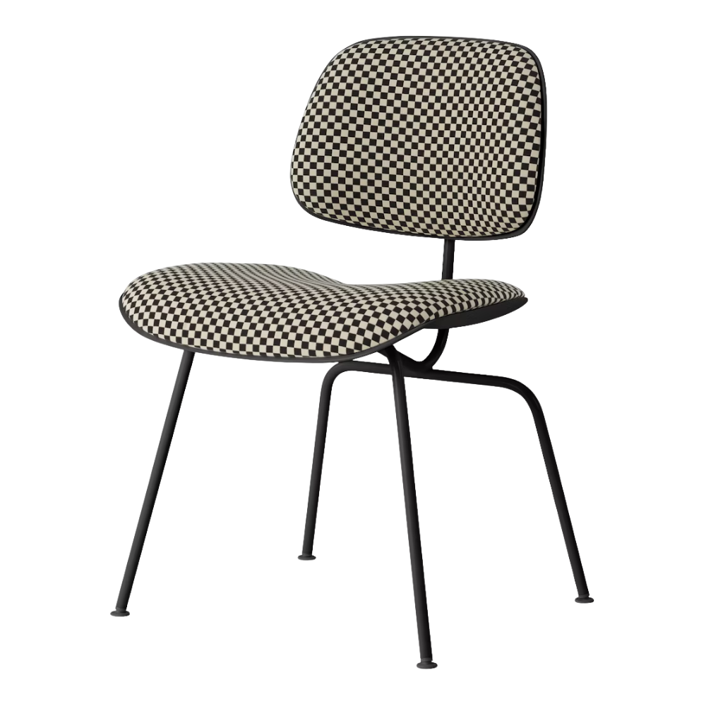 The Upholstered Eames Molded Plastic Dining Chair from Herman Miller with black and white checker upholstery, black shell and ultra black leg finish.