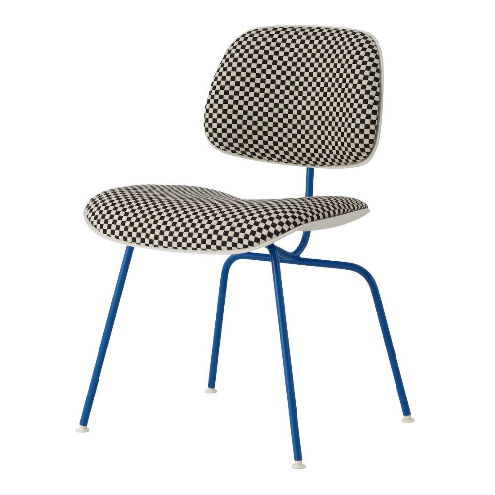 The Upholstered Eames Molded Plastic Dining Chair from Herman Miller with black and white checker upholstery, white shell and berry blue leg finish.